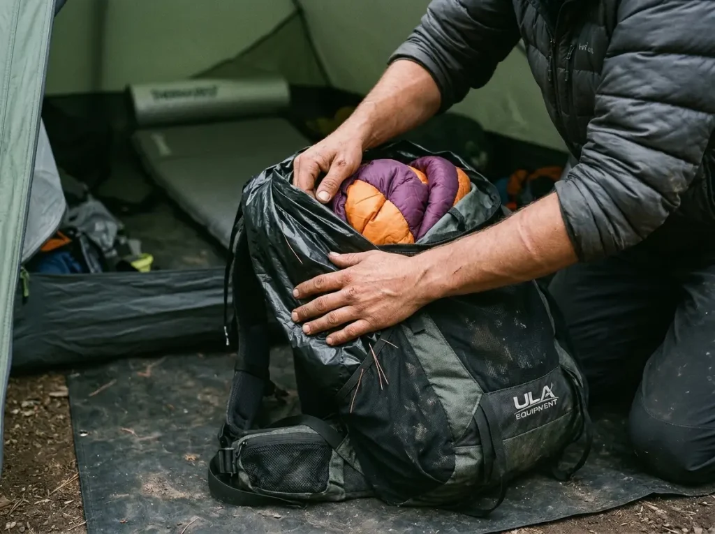 Hands lining a backpack with a black trash compactor bag, the dollar budget alternative to a backpack rain cover