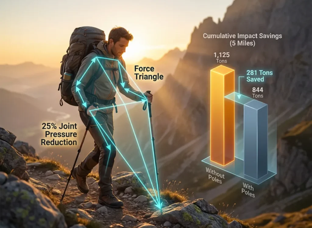 A high-definition semantic infographic illustrating the reduction of knee joint impact forces using trekking poles. The visual features a hiker on a descent with a highlighted "force triangle" and a 3D bar chart comparing cumulative loads over 5 miles.