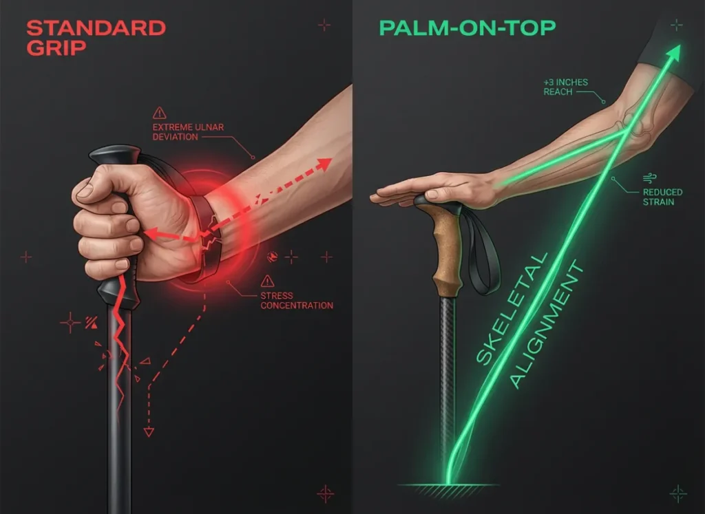 A detailed ergonomic infographic comparing the standard vertical grip versus the 'Palm-on-Top' technique on a trekking pole. The visual highlights skeletal alignment, force vectors, and wrist strain using high-end 3D rendering and technical annotations.