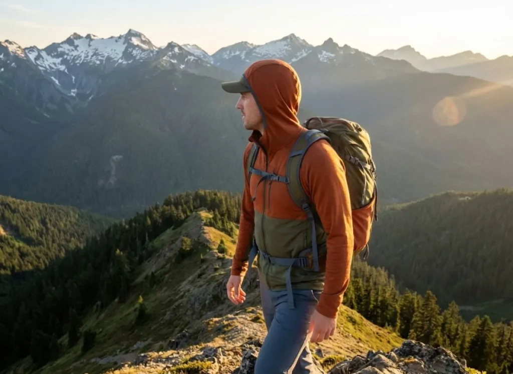 A backpacker standing on a rocky ridge overlooking a vast mountain range at sunset, representing the scale of the Triple Crown.