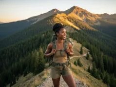 Triple Crown of Hiking: Stats, Gear & Trail Guide A confident female hiker adjusting her backpack on a scenic mountain ridge representing the Triple Crown trails.
