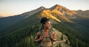 Triple Crown of Hiking: Stats, Gear & Trail Guide A confident female hiker adjusting her backpack on a scenic mountain ridge representing the Triple Crown trails.