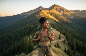 Triple Crown of Hiking: Stats, Gear & Trail Guide A confident female hiker adjusting her backpack on a scenic mountain ridge representing the Triple Crown trails.