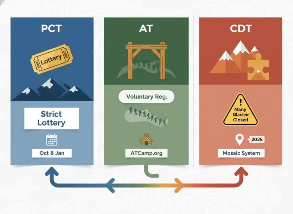 A three-panel flat vector infographic comparing 2025 hiking permits. Left: PCT blue panel with a lottery ticket icon. Center: AT green panel with an open gate and voluntary registration icon. Right: CDT orange panel with puzzle pieces and a 'Many Glacier Closed' warning sign.
