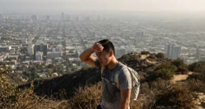 Best Urban Hiking Trails in the US: The Field Guide A hiker on a dirt ridge overlooking a smoggy city skyline, wiping sweat from their forehead.