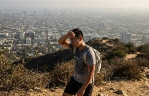 Best Urban Hiking Trails in the US: The Field Guide A hiker on a dirt ridge overlooking a smoggy city skyline, wiping sweat from their forehead.