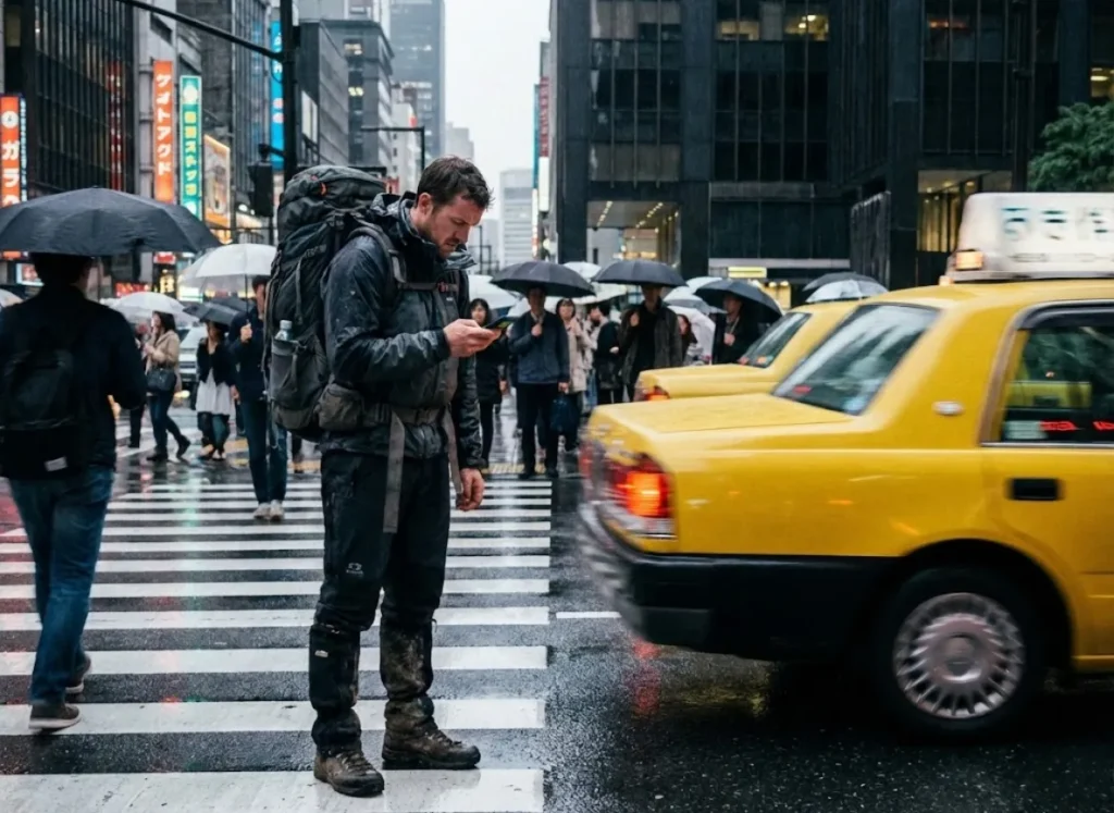 A hiker in technical gear checking a map at a busy city crosswalk.