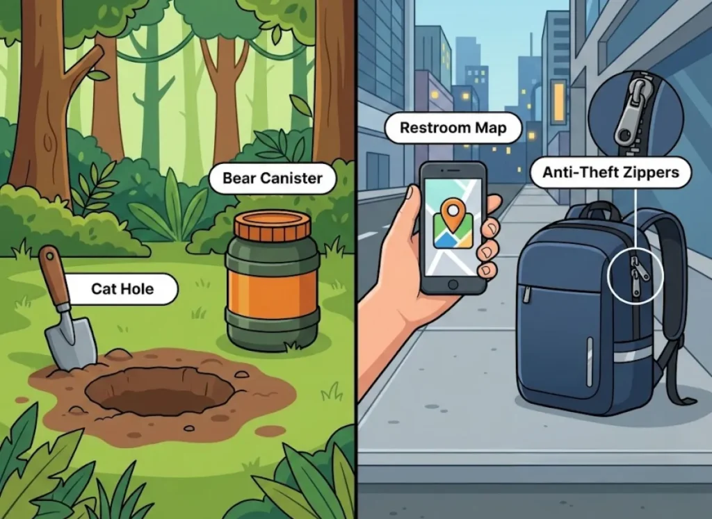 A split-screen vector infographic comparing Leave No Trace principles in two environments. The left side shows a forest setting with a cat hole and bear canister. The right side shows a city setting with a smartphone map and anti-theft backpack zippers.