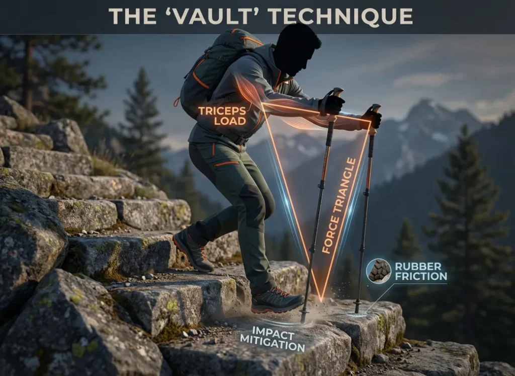 A high-end infographic illustrating the 'Vault' trekking pole technique for descending rock steps. The visual features a hiker silhouette using poles to create a 'Force Triangle,' shifting impact from the knees to the arms, rendered in a clean, editorial vector-realism style.