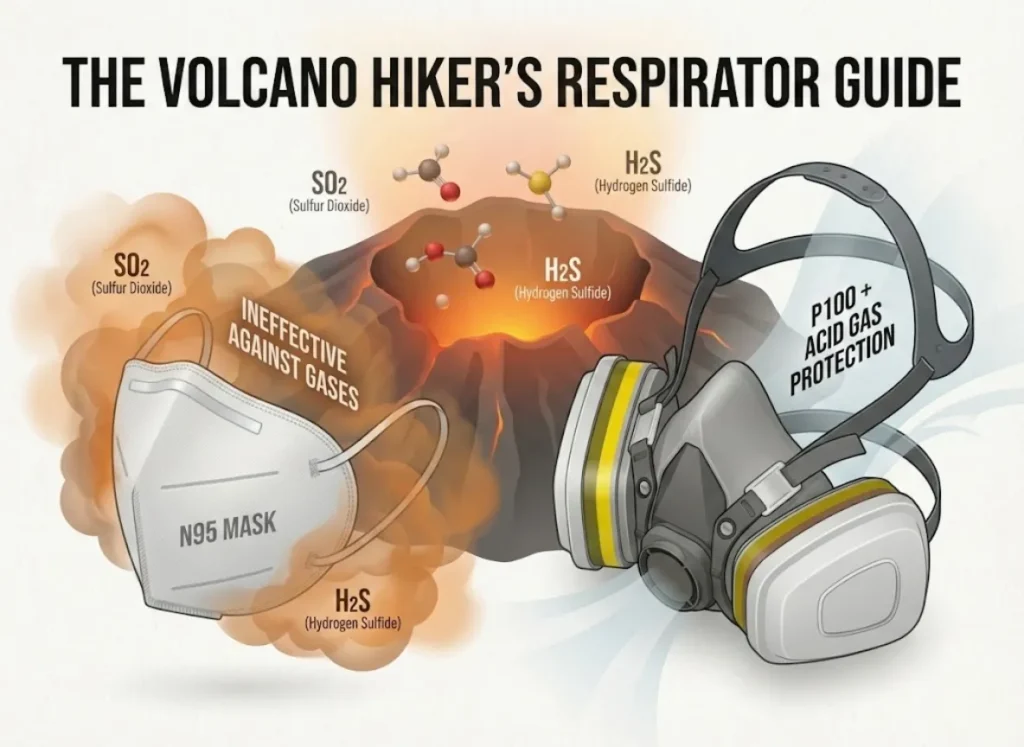 A "Premium Vector-Realism" infographic comparing an inadequate N95 mask with a professional P100 respirator equipped with Yellow/Olive Acid Gas cartridges. The scene illustrates gas filtration of Sulfur Dioxide and Hydrogen Sulfide in a high-altitude volcanic setting.