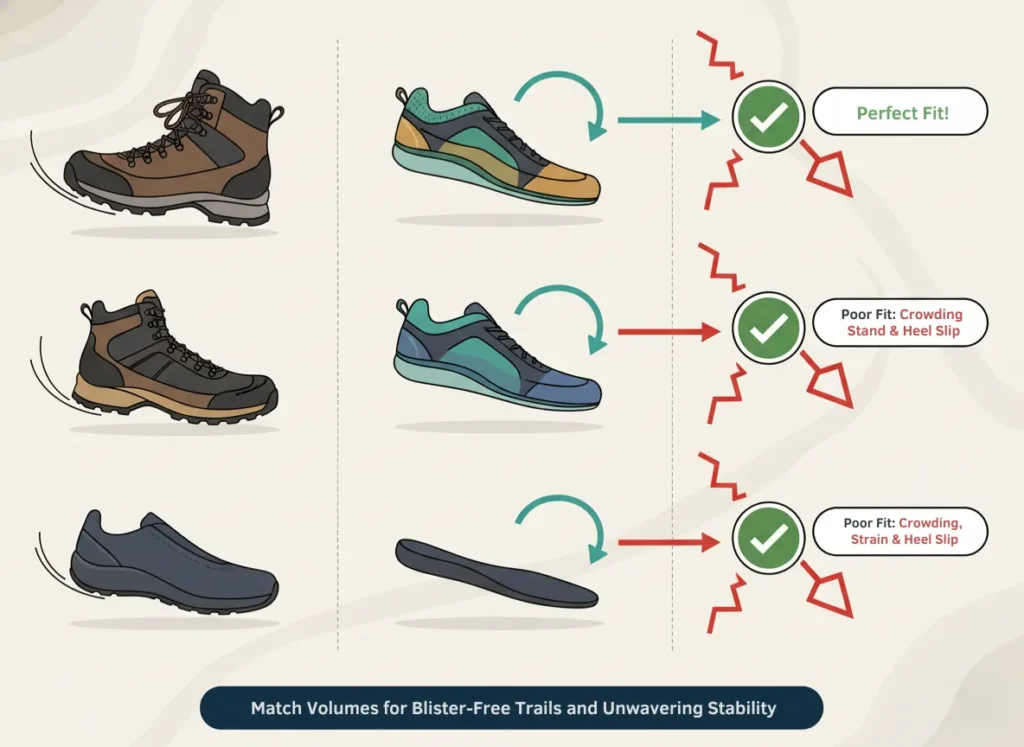 A dynamic three-column infographic illustrating the insole volume matching system for optimal hiking footwear fit, featuring stacked icons of boots and insoles connected by arrows to results with green checkmarks for perfect pairings and red X's for mismatches, in a vibrant explainer cartoon style evoking trail-ready comfort and precision.