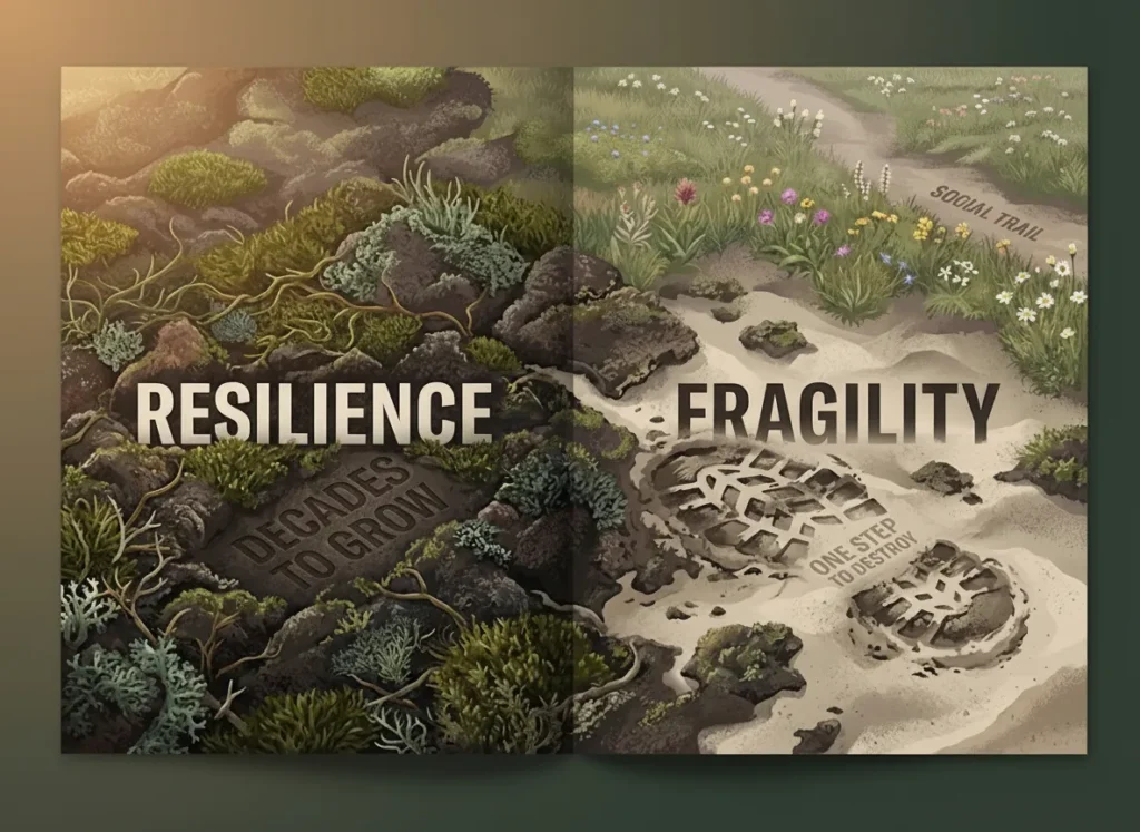 A sophisticated, split-perspective editorial infographic showing the stark contrast between healthy cryptobiotic soil and alpine tundra versus the permanent damage caused by off-trail footprints, featuring detailed 3D textures and integrated modern typography.