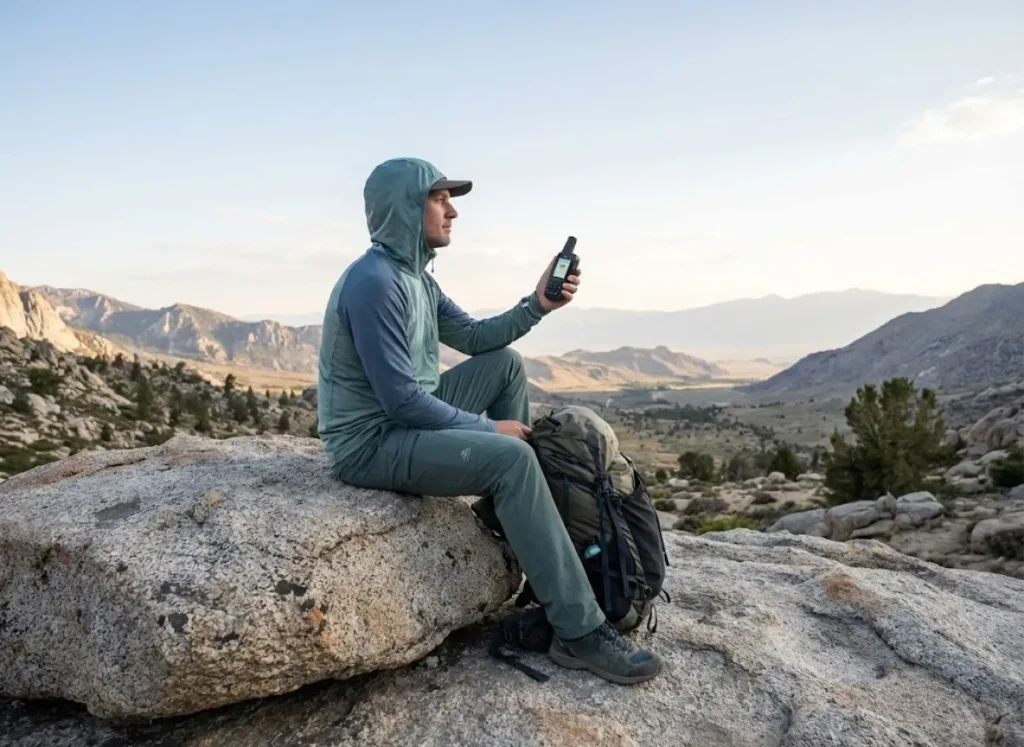 A hiker sitting on a rock in the wilderness using a satellite messenger to call for help.