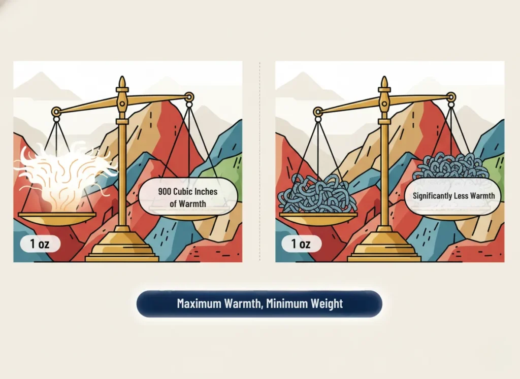 Infographic illustrating the superior warmth-to-weight efficiency of down versus fleece for static insulation layers, with side-by-side scale comparisons showing equal weights yielding dramatically more trapped heat from fluffy down clusters compared to denser synthetic loops.