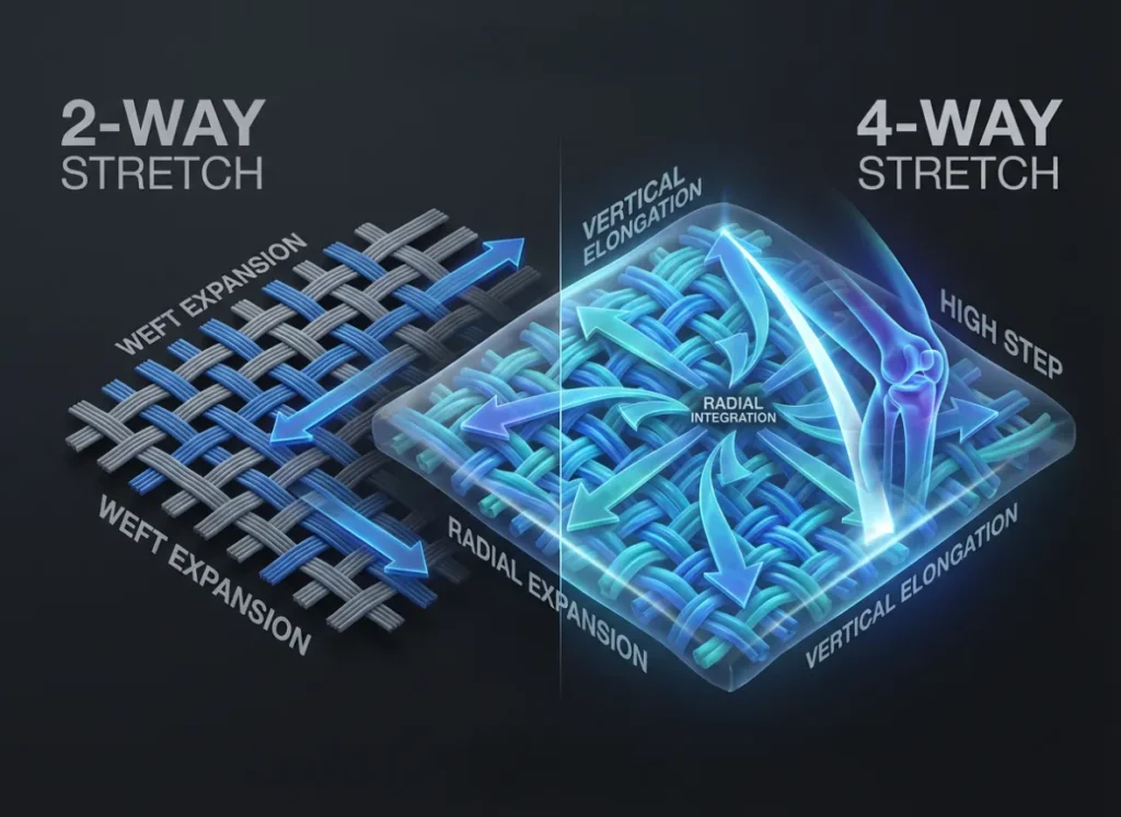 A technical 3D infographic comparing the mechanics of 2-way stretch versus 4-way stretch fabrics. The visual demonstrates how elastomeric fibers in both warp and weft allow for radial expansion and vertical elongation during a high-step climbing movement.