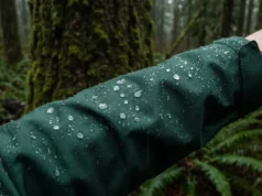 How to Wash Gore-Tex Jacket: Restore DWR & Gear Life Rain water beading up perfectly on the sleeve of a clean red Gore-Tex jacket during a hike in a rainy forest.