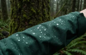 How to Wash Gore-Tex Jacket: Restore DWR & Gear Life Rain water beading up perfectly on the sleeve of a clean red Gore-Tex jacket during a hike in a rainy forest.