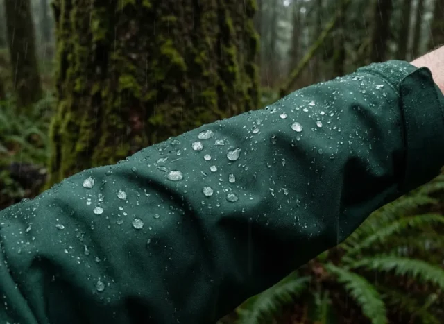 wash-gore-tex-jacket-beading-rain Rain water beading up perfectly on the sleeve of a clean red Gore-Tex jacket during a hike in a rainy forest.