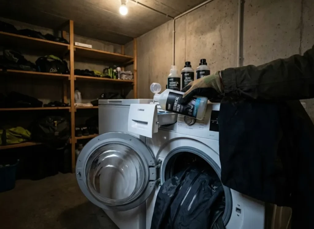 A person pouring technical liquid cleaner into a washing machine dispenser to safely wash a waterproof hiking jacket.