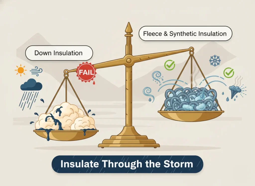 Tipping scale infographic comparing down insulation's failure in wet conditions against fleece and synthetic insulation's reliable performance in rain, mist, snow, and sweat, with icons highlighting weather scenarios and moisture resilience for outdoor layering decisions.