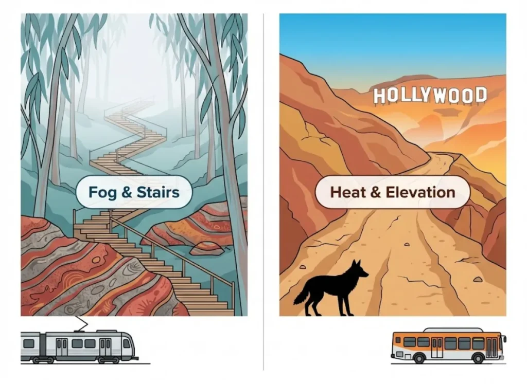 A split-screen educational illustration comparing urban hiking in San Francisco and Los Angeles. The left panel shows a cool, foggy San Francisco scene with steep stairs and eucalyptus trees. The right panel shows a hot, sunny Los Angeles trail leading to the Hollywood sign.