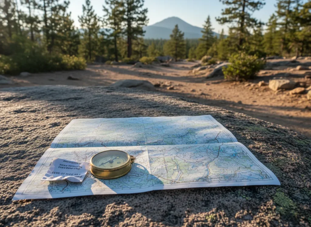 A topographic map, compass, and hiking permit displayed on a rock in a natural setting.