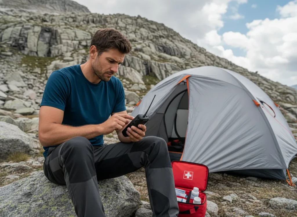 A male hiker carefully checks his satellite messenger at his rugged mountain campsite, emphasizing the importance of critical safety preparations.