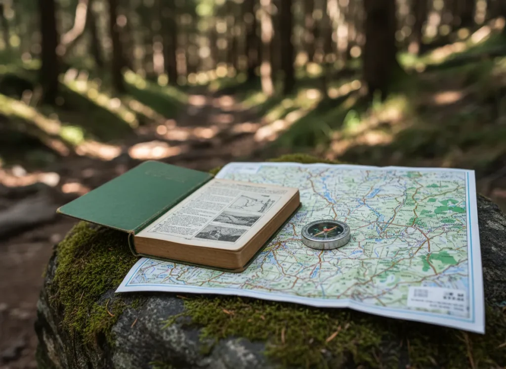 A topographic map, compass, and an open hiking guidebook laid out on a rock, representing foundational models for estimating hiking time