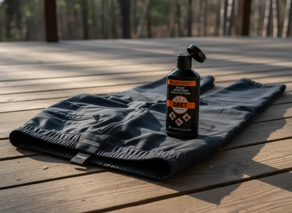 A bottle of DEET insect repellent placed next to the elastic waistband of 4-way stretch hiking pants, illustrating a product vulnerability.
