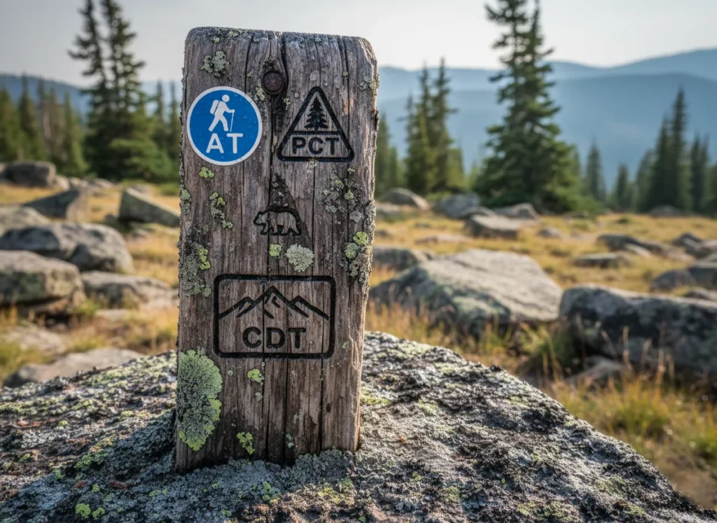 A weathered trail signpost featuring emblems representing the three major National Scenic Trails.