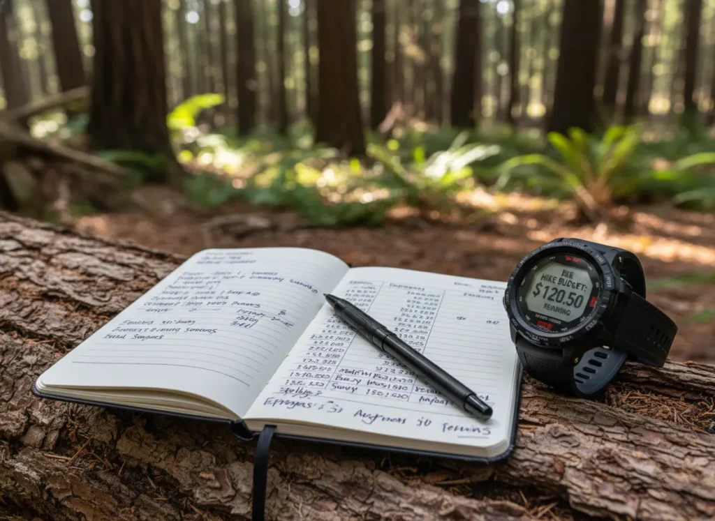 A notebook with budget notes and a GPS watch resting on a log in the woods.