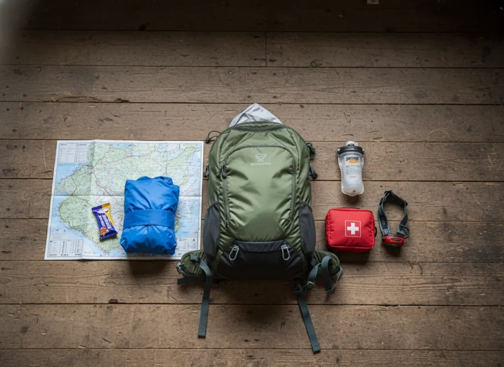 A flat lay of essential slackpacking gear, including a daypack, water filter, map, and first-aid kit, on a wooden surface.