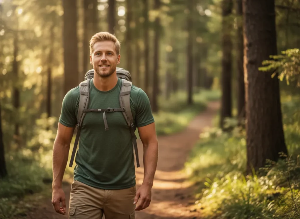 A male hiker with a very light daypack moves quickly and easily through a forest, illustrating the core concept of slackpacking.