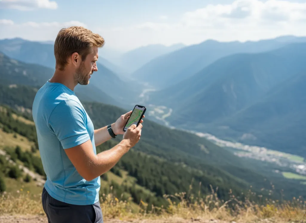 A male hiker checks his GPX route on a smartphone at a trailhead with a mountain view in the background.