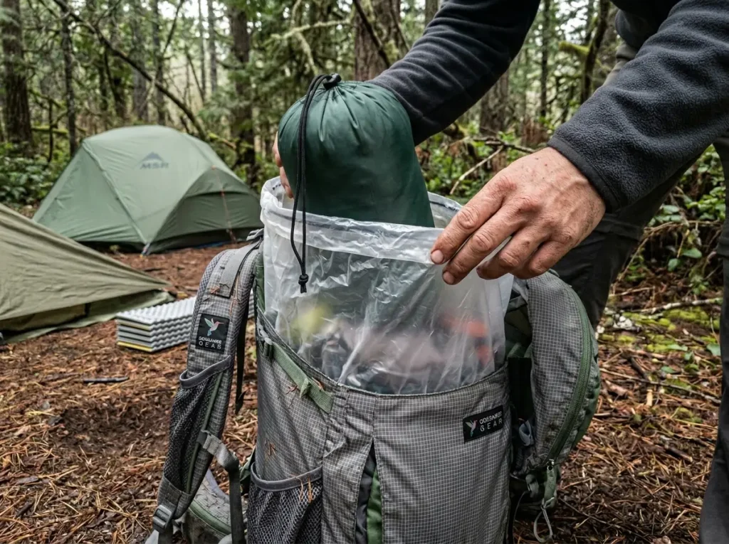 Translucent pack liner held open inside a backpack at camp, showing how a pack liner protects gear from the inside