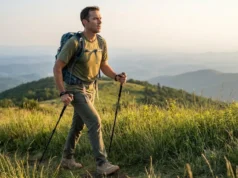 What Is Slackpacking? Logistics, Gear & Pros vs Cons A hiker with a lightweight daypack hiking quickly along a scenic mountain ridge during sunset.