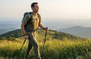 What Is Slackpacking? Logistics, Gear & Pros vs Cons A hiker with a lightweight daypack hiking quickly along a scenic mountain ridge during sunset.