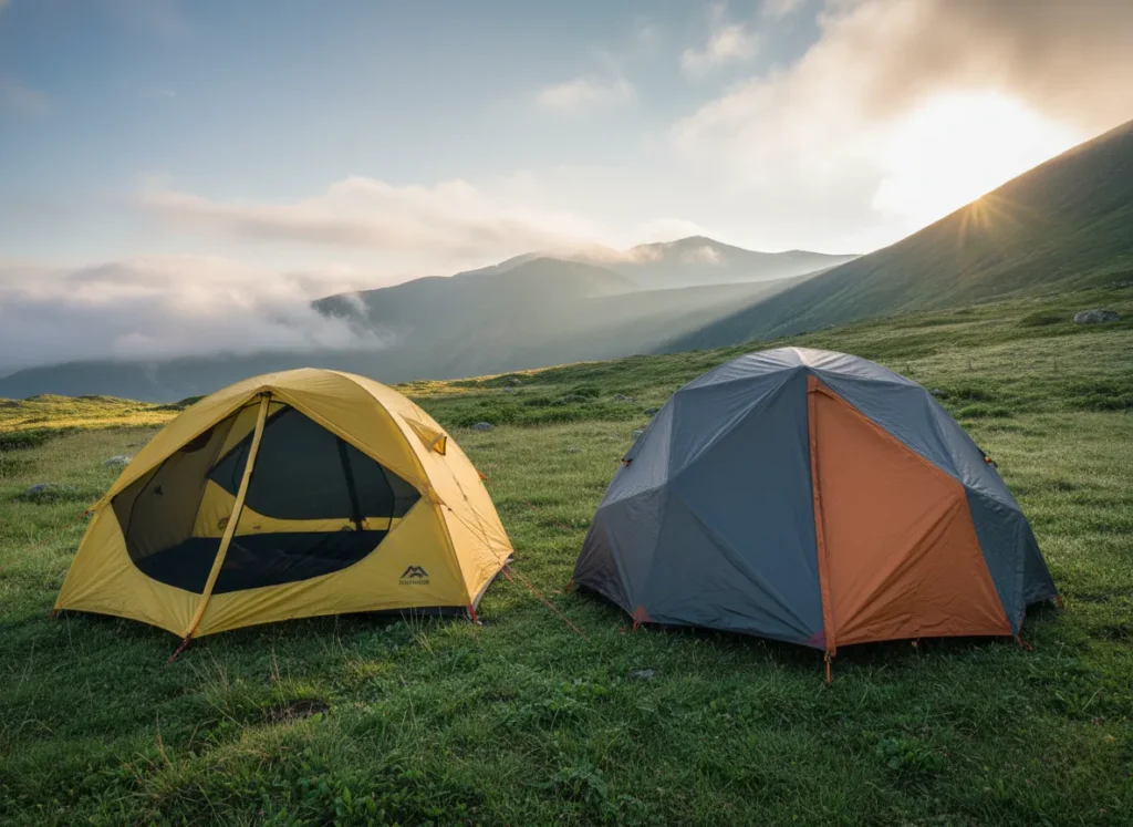 A side-by-side comparison of a 3-season tent with mesh walls and a 4-season tent with solid fabric and more poles, highlighting their anatomical differences.