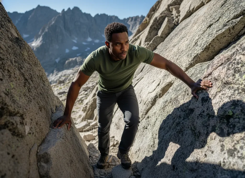 A fit Afro-American man scrambles up a steep rock face, using his hands for balance and upward movement on challenging mountain terrain.