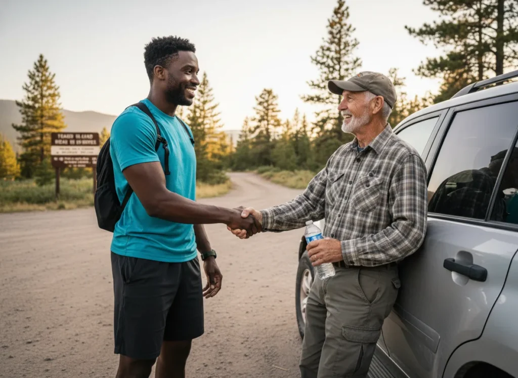A hiker gratefully shakes hands with a volunteer trail angel at a trailhead next to a car, illustrating the slackpacker's code of conduct.