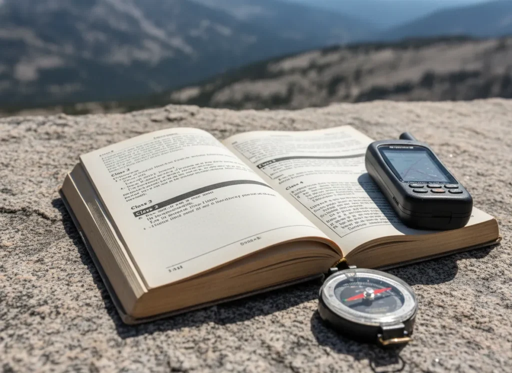 A close-up of a hiking guidebook opened to a page with Yosemite Decimal System ratings, placed on a rock next to a compass and GPS device.