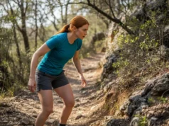 What to Do for a Snake Bite Hiking: An Expert Field Guide A female hiker stops suddenly on a rocky trail, looking down with caution at a potential snake encounter.
