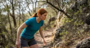 What to Do for a Snake Bite Hiking: An Expert Field Guide A female hiker stops suddenly on a rocky trail, looking down with caution at a potential snake encounter.