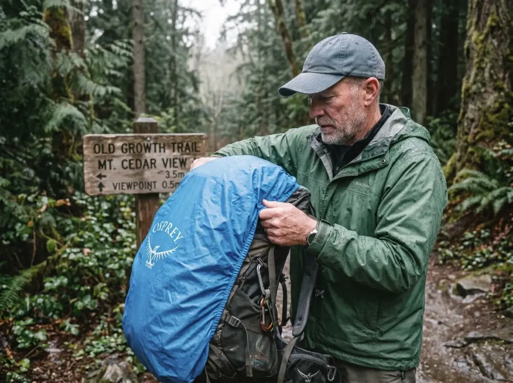 Hiker stowing an Osprey ultralight rain cover at a drizzly trailhead, when a rain cover still earns its place