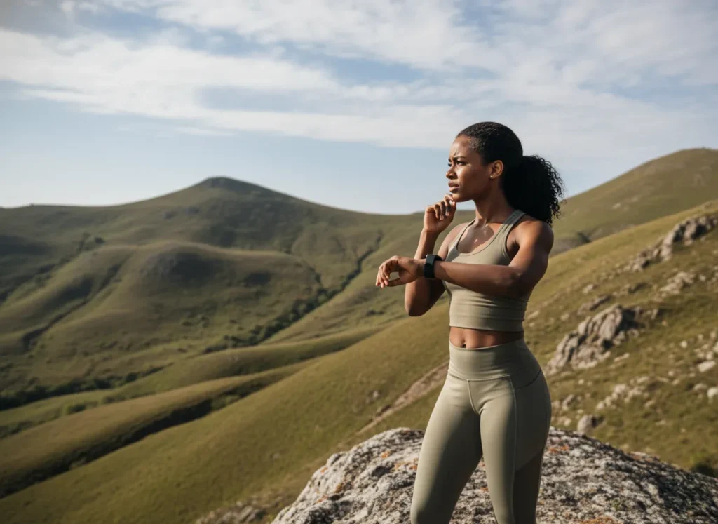 A female hiker looks thoughtfully from her GPS watch to the challenging, hilly terrain ahead of her.