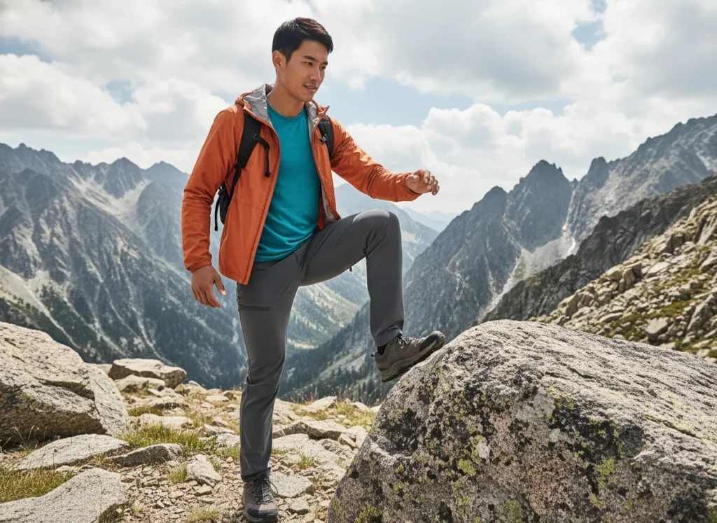 A male hiker in performance stretch pants easily making a high step onto a large boulder on a mountain trail.
