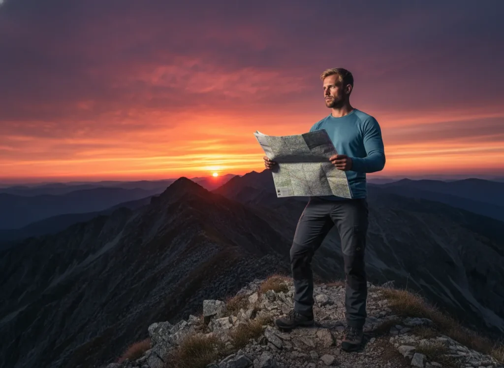 A male hiker consults his map on a mountain ridge at sunset, highlighting the importance of calculating hiking time for safety.