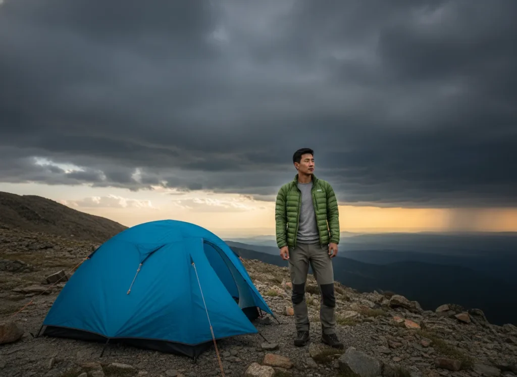 A male hiker stands at his campsite on a mountain ridge, carefully observing an approaching storm front, illustrating the importance of assessing weather conditions.