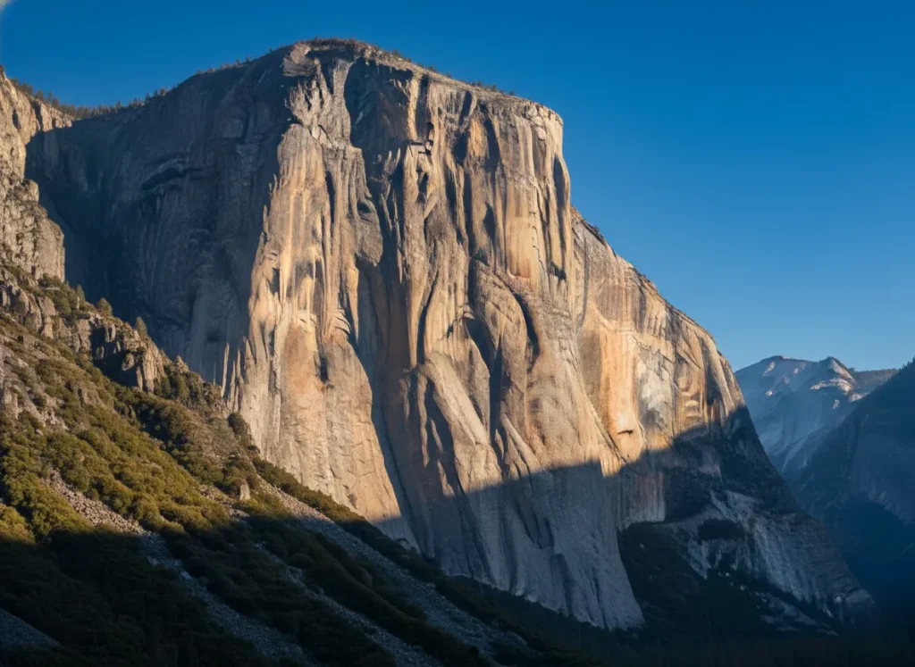 The massive, sunlit granite face of El Capitan in Yosemite National Park, viewed from its base on a clear day.
