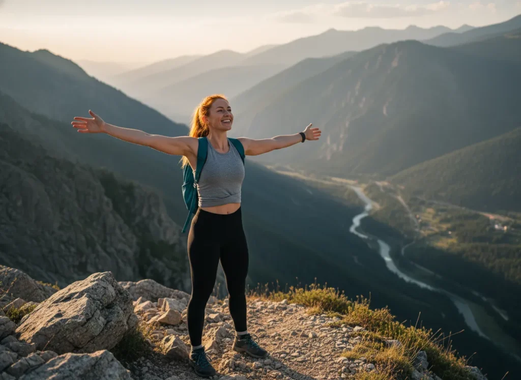 A female hiker with a light pack joyfully takes in a mountain view, showcasing the psychological benefits of slackpacking on a difficult trail.